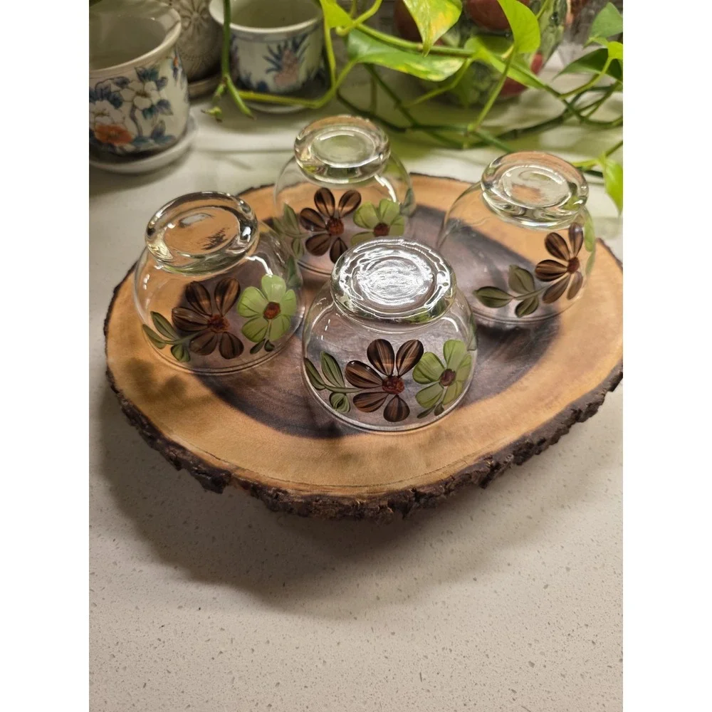 4 VTG BLUE‎ RIDGE POTTERY DAISY SHERBET BOWLS SUN BOUQUET GLASS Green Floral
